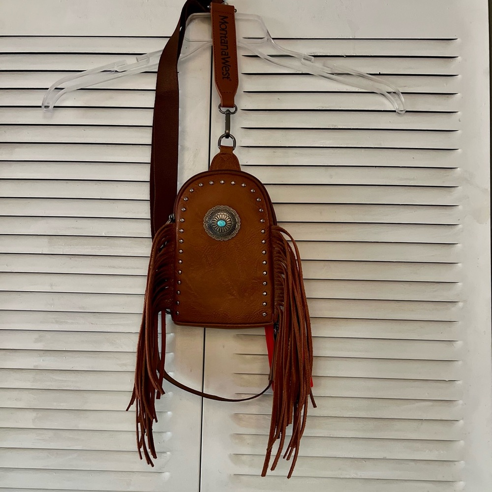 Montana West-Fringe Mariposa Concho-Sling Crossbody with Turquoise Accent